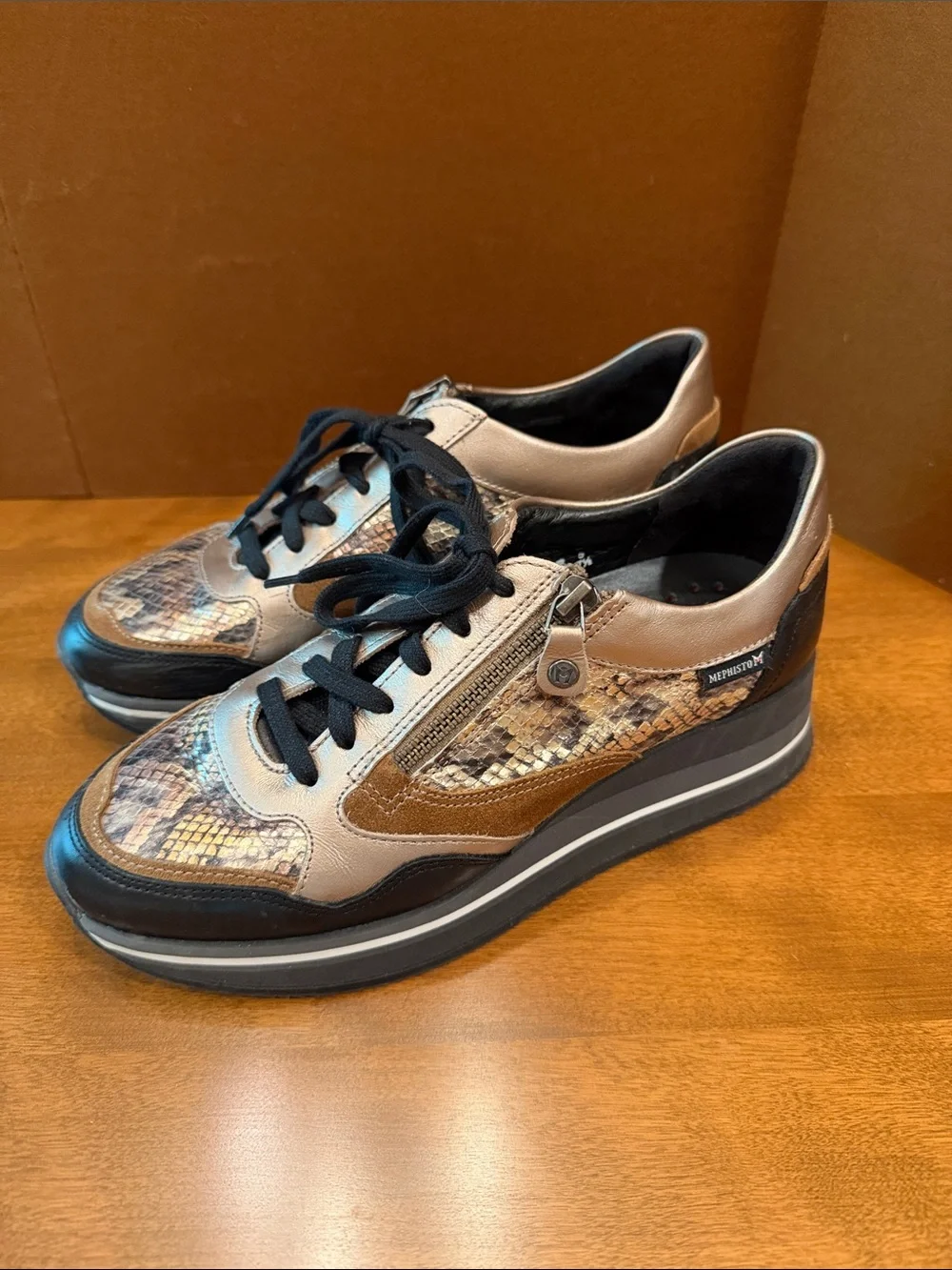 Mephisto Women's Brown Black Tan Snake-Print Athletic Sneakers